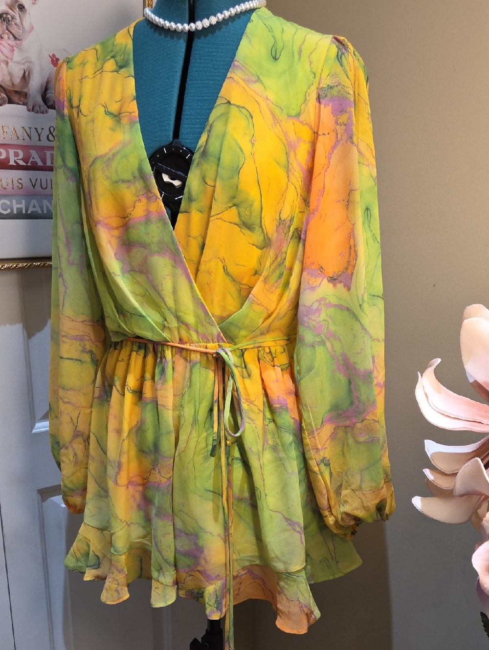 Nwt Large Fashion Nova Yellow Multi Marble Print Romper - Picture 9 of 17